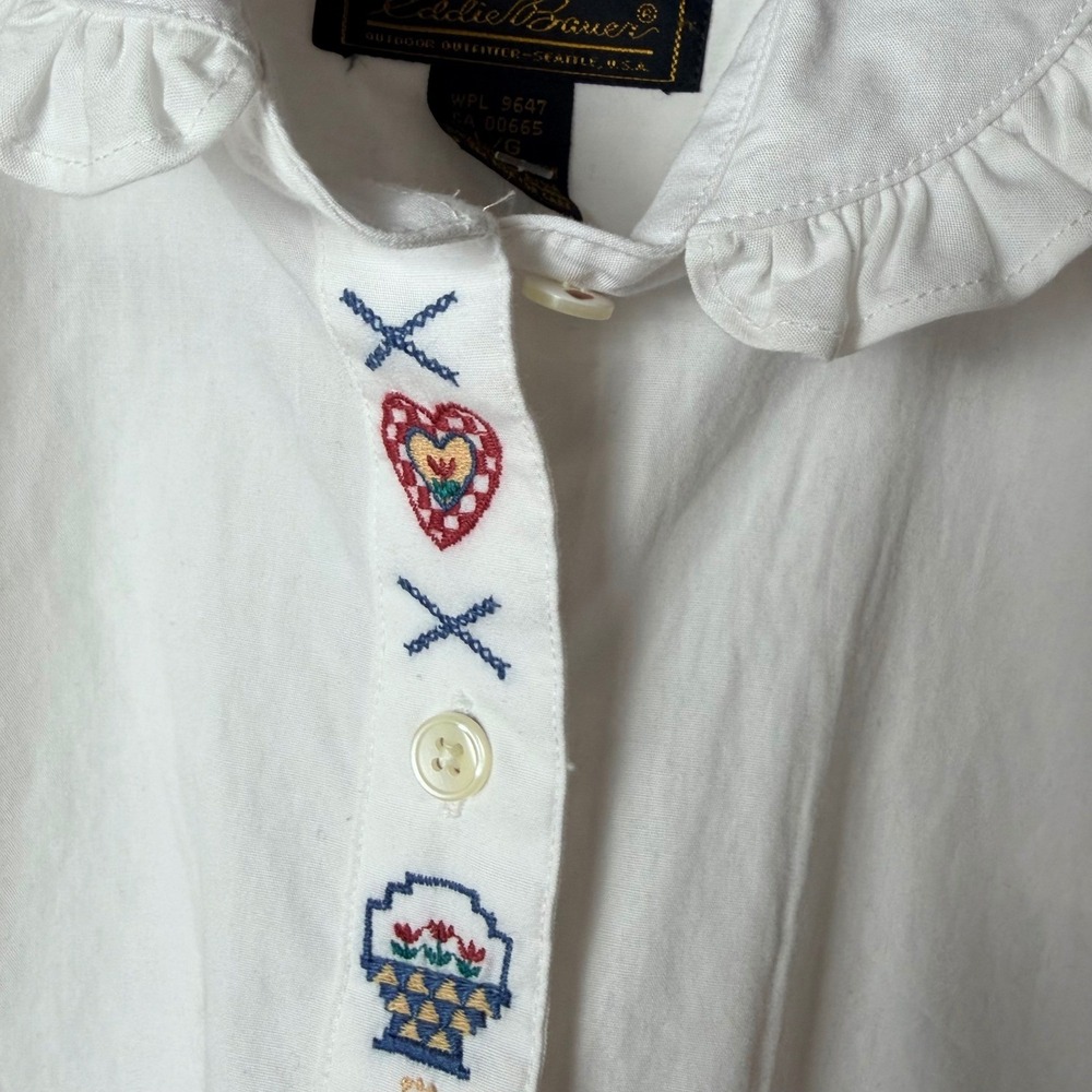 VTG 90s Eddie Bauer Embroidered Heart Ruffle Collar Blouse Large Cottage Prairie - Picture 5 of 14